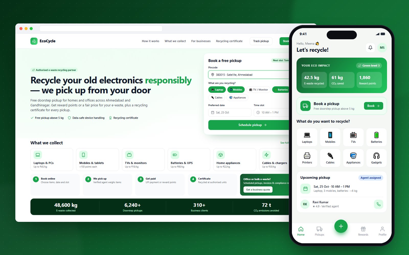 EcoCycle – E-waste Collection Website, App & Admin Panel - website, admin panel and mobile screens