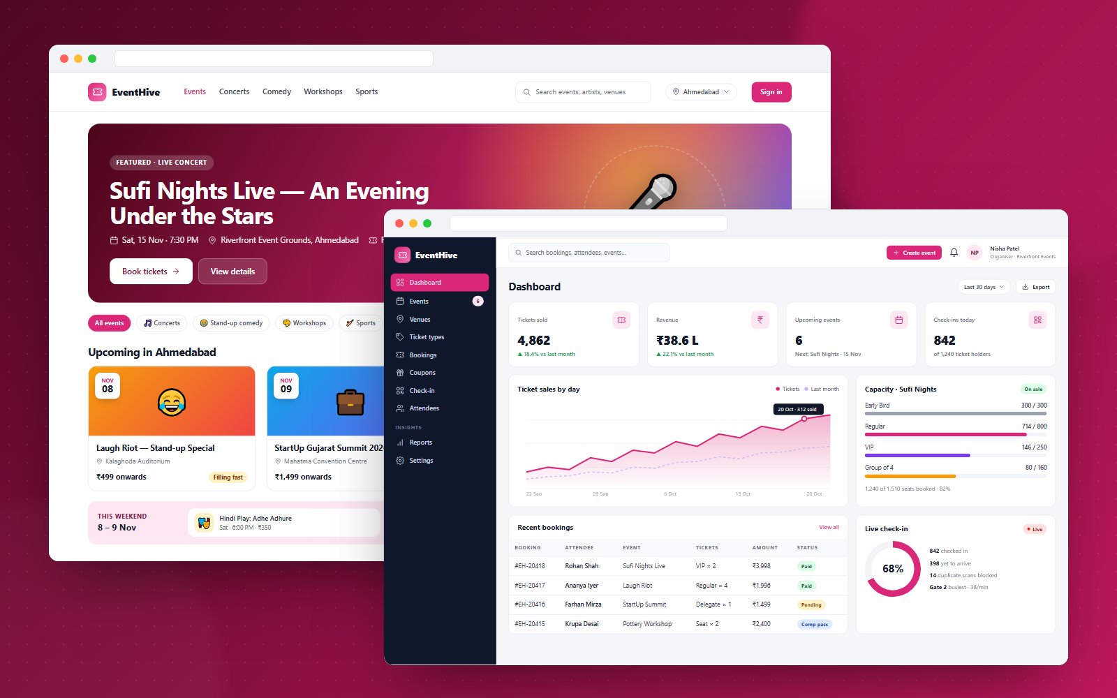 EventHive – Event Ticketing Website & Organiser Panel - website, admin panel and mobile screens