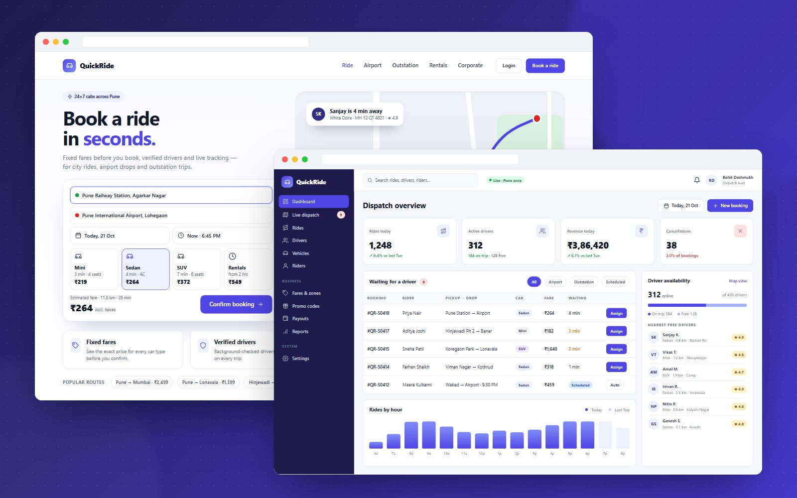 QuickRide – Taxi Booking Website & Dispatch Panel - website, admin panel and mobile screens