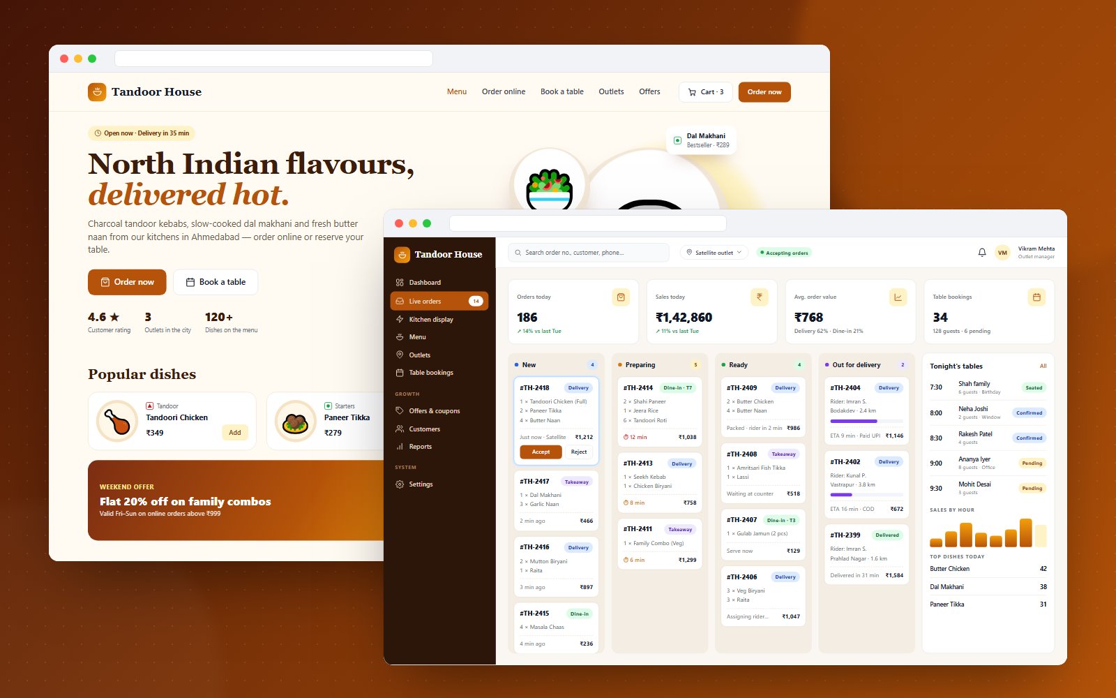 Tandoor House – Online Ordering & Table Booking Website - website, admin panel and mobile screens