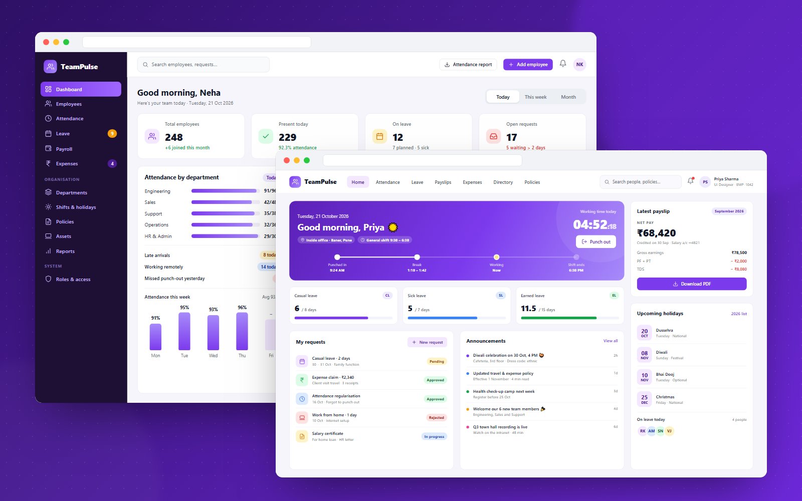TeamPulse HR – HRMS, Attendance & Payroll Software - website, admin panel and mobile screens